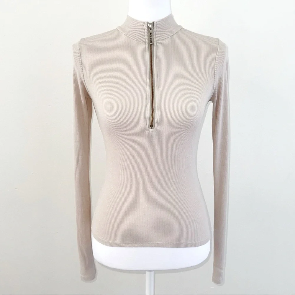 JOAH BROWN BEIGE TAN RIBBED HALF ZIP MOCK NECK LONG SLEEVE TOP - Picture 3 of 13